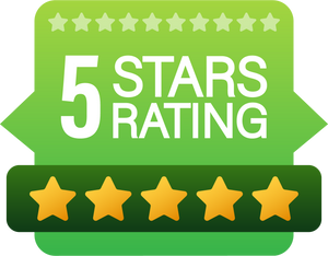 5 star rating. Badge with icons on white background. Vector